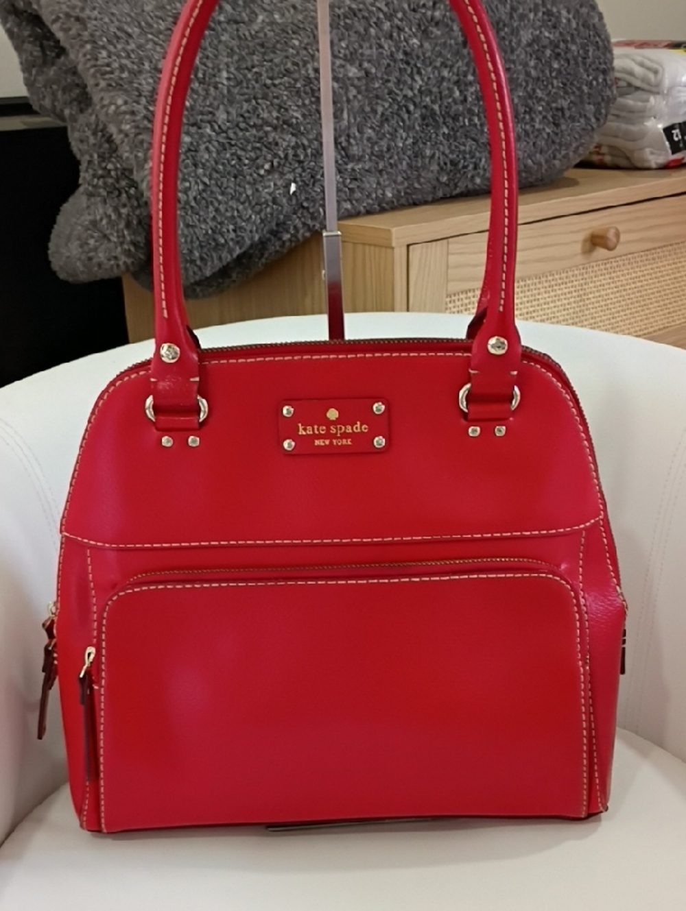 Kate Spade Red Pebbled Leather Dome Satchel with Front Zip Pocket